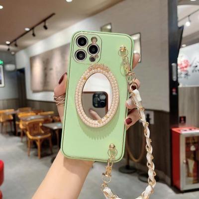 China Luxury Leather Shockproof Portable Chain Mirror Makeup Pearl Soft Cell Phone Case Lanyard For OPPO Reno 3/3 pro/4/4 pro/5/5 cover for sale