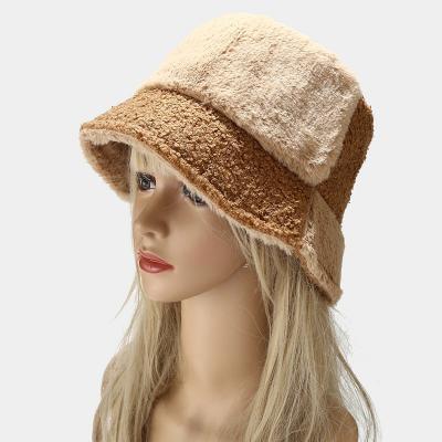 China Unisex Faux Fur Character Color Block Winter Bucket Hat Fleece Fisherman Hat Cold Winter Combination Cloche Hat for sale