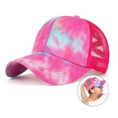 China Cotton Mesh Colored Dye Dye COMMON 7 Colors Ponytail Baseball Cap Crisscross Tie Ponytail Baseball Hat for sale