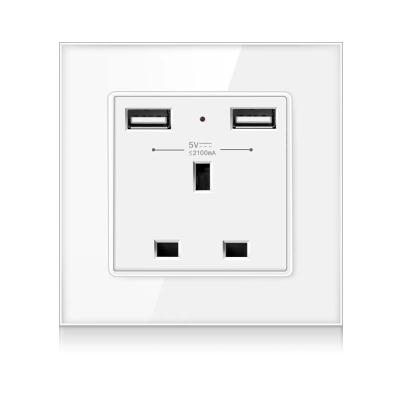 China With 1.4mm Iron Plate / With Stand Claw British Standard 13A Socket Crystal Glass Panel 3 Hole Wall Socket With Dual USB Charging Port for sale