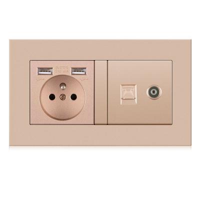 China Dual USB Ports PC Panel EU USB Charging French Standard Wall Socket With TV/Telephone Socket Outlet for sale