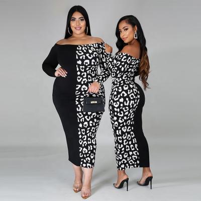 China Breathable Plus Size Ladies Dress Simple Black Leopard Print Loose Dress Off The Shoulder Oversized Casual Dress for sale