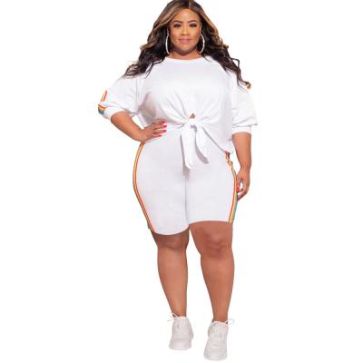 China Plus Size Plus Size Over Waist Rainbow Casual Ribbon Deco Short Sleeve Clothes Knee Length Pants Two Piece Set Women for sale