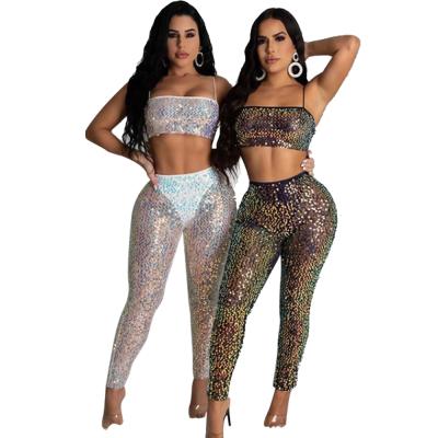 China 2021 Summer Anti-wrinkle OEM ODM factory wholesale hot sale sequined two-piece overalls set ladies for sale