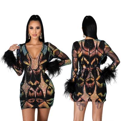 China 2021 Sustainable Women Sexy Long Sleeve See Fur Crystal Sequined Mesh Dress For Club Party Wear for sale