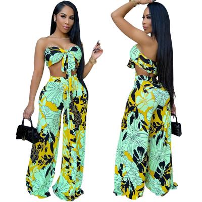 China 2021 Multi-way QUICK DRY High Waist Wrap Floral Print Boho Convertible Wide Leg Long Pants Ladies Two Piece Sets Women for sale