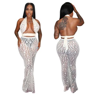 China QUICK DRY Women Suit Dot Mesh Bandage Crop Top And Wide Leg Pants Black White See Through Night Suits Set For Ladies for sale