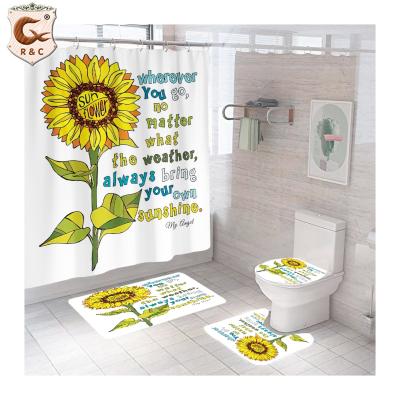 China Stocked Wholesale Hot Sale Sunflower Digital Printed Shower Curtain New Design Bathroom Set Custom Made for sale