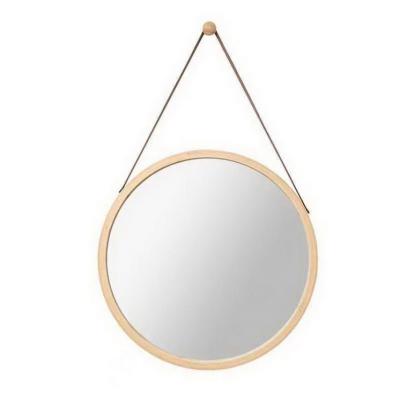 China Modern Solid Bamboo Frame Mirror Adjustable Bathroom Bedroom Leather Strap Hanging Round Wall Mirror for sale