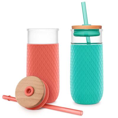 China Sustainable Borosilicate Glass Tumbler With Silicone Sleeve And Bamboo Wine Glass Lid Tumbler for sale