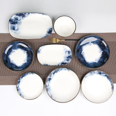 China Multi Size Sustainable Blue Dinner Ceramic Restaurant Bowls And Plates Sets for sale