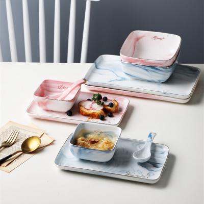 China Modern nordic bowl shape viable square blue&pink ceramic dinner set for sale