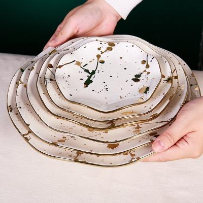 China Jet Gold Dot Luxury Ceramic Dinner Plates of Table Viable High Quality Ware with Gold Rim Wave Edge to Suit Restaurant Home Decor for sale