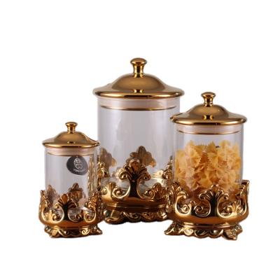 China Wholesale Viable Royal Luxury Food Storage Jar Kitchenware Glass Canister Sets With Lid for sale