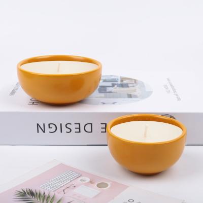 China Round Shape Elegant Matte Yellow Custom Logo Wholesale Home Decor Cheap Empty Ceramic Candle Bowl for sale