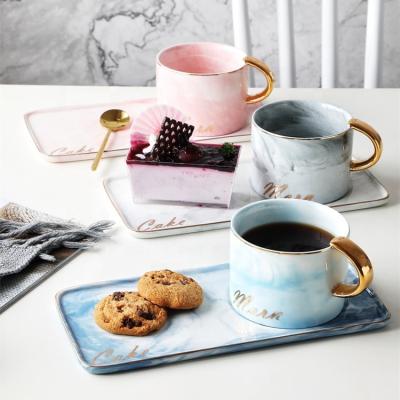 China Sustainable Large Size Pink Blue Gray Cake Cookies Lunch Ceramic Coffee Cups And Saucers for sale