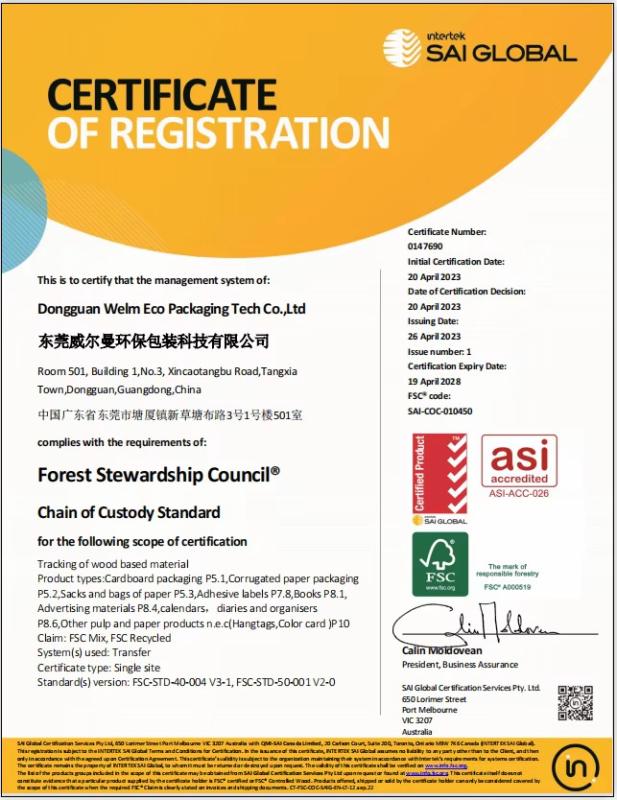 Certification Testing-Product Certificate - Dongguan Welm Eco Packaging Tech Co., Ltd.