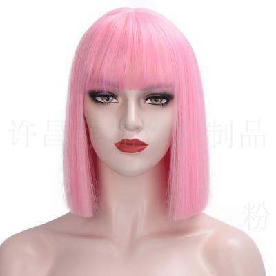 China Short Wave Bob Wig With Bangs Synthetic Silky Straight Wig For Women Ombre Lolita Cosplay Party Natural Hair Blue Pink Purple Black for sale