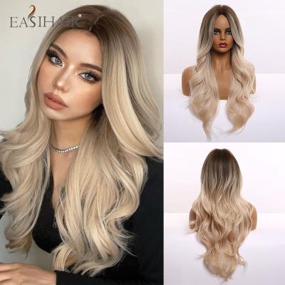 China Long Part Medium Wavy Silky Straight Hair Synthetic Wig Natural Heat Resistant Platinum Wave Cosplay Wig For Women for sale