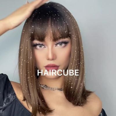 China Silky Straight Wave Natural Brown Synthetic Hair Wigs Short Straight Bob Wigs With Bangs For Women Daily Cosplay Wigs Heat Resistant for sale