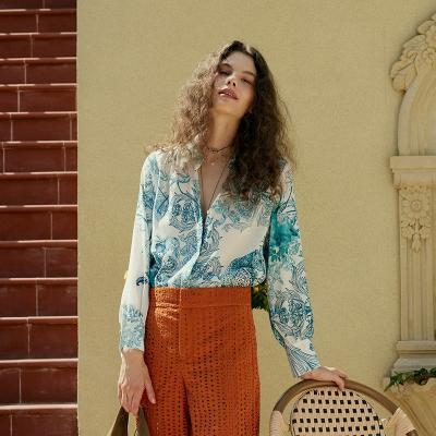 China Vintage silk print anti-pilling long sleeve spring collar new women's long shirt women's shirt silk print thin top silk loose high-pitched vintage for sale