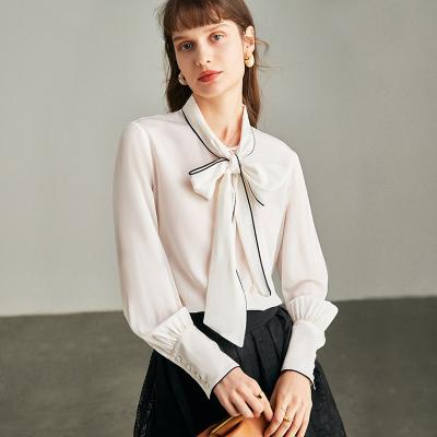 China Laydown Shirt Women's White Silk Anti-pilling Shirt Ribbon Collar Sleeve Small Long Sleeve Spring Atmosphere Silkworm Top/Summer Design for sale