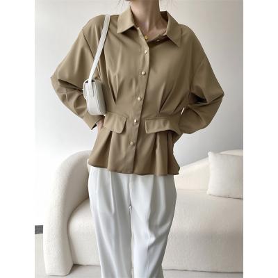 China 2023 Spring Anti-Pilling Women's Plain Silk Crepe Satin Shirt Long Sleeve Top for sale