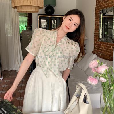 China Summer Anti-pilling Top Short Sleeve Shirt New Elegant Chiffon Soft Thin Stripe for sale