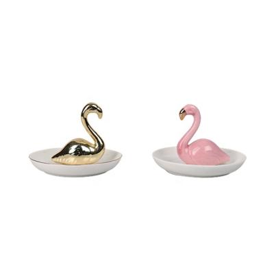 China New Design Home Ceramic Jewelry Tray with Pink Gold Flamingo Design Trinket Dish Ring Holder for sale