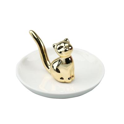 China Decorative Ceramic Diamond Dish Holder With Gold Cat Shaped Small Jewelry Tray Home Trinket Dish for sale