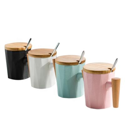 China New Style Polygon Stocked Ceramic Coffee Mug With Wooden Handle And Lid Drink Mug For Drinking for sale