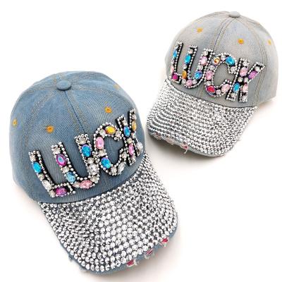 China JOINT Female Denim Outdoor Baseball Cap With Diamond Applique Sun Visor Hat for sale