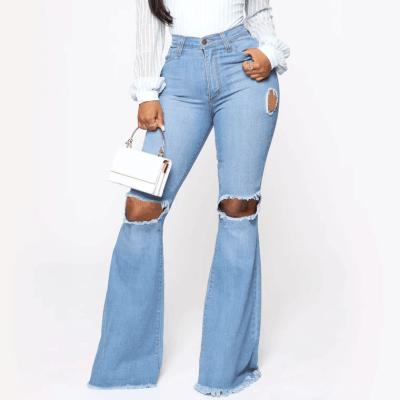 China Breathable Wholesale Ladies High Waist Hollow Out Casual Ripped Rocket Jeans for sale