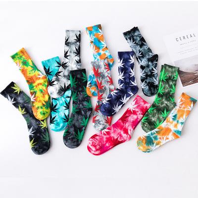 China New Breathable Weed Leaf Cotton High Sock Colorful Tie Dye Maple Leaves Sports Crew Socks Men Women High for sale