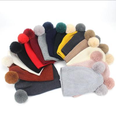 China Baby Kids Winter COMMON Cute Crochet Knitted Hat Wool Fur Flip Ball Pompom Beanies Hat for sale