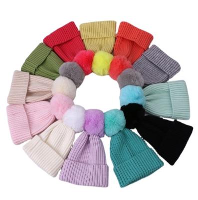 China Baby Kids Winter COMMON Cute Crochet Knitted Hat Wool Fur Flip Ball Pompom Beanies Hat for sale