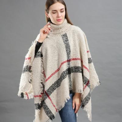 China Leisure Autumn Winter Ladies Cloak High Collar Plaid Tassel Coat Shawl Loose Ponchos For Women for sale