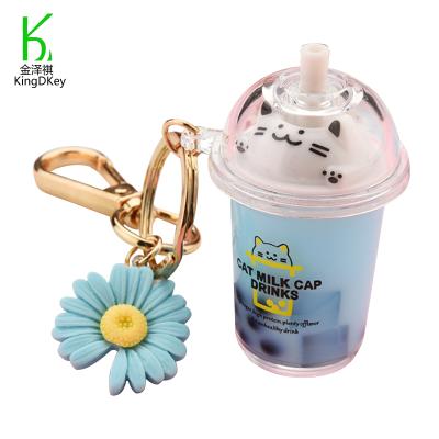 China New Design Liquid Pearl Mini Boba Milk Tea Keyfob Acrylic Floating Key Chain Flower Pendant Side Charms for sale