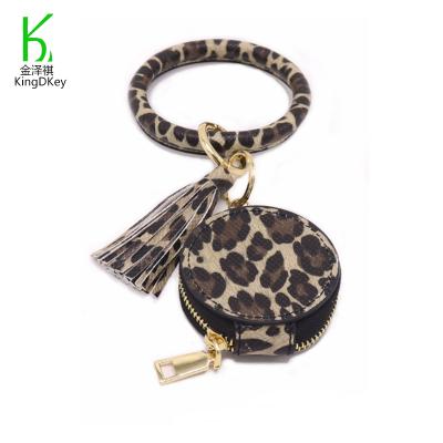 China Creative Portable Cosmetic Bag Leather Leopard Printed Makeup Leather Case Keychain Clasp Mirror Keytag Charm Bracelet Leather Keychain for sale