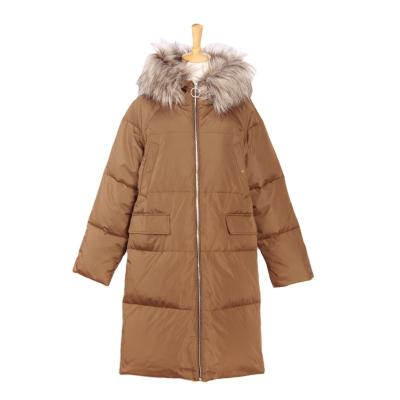 China MH-515 Women Anti Shrink Coat Long Padded Jacket Fur Hood Chest Pocket Polyester Padded Coffee Color Good Quality for sale