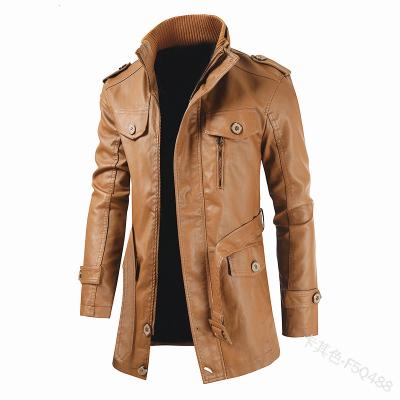 China Viable Men's PU Leather Zipper Long Collar Zipper Fashion Waist Sleeve Fashion Solid Color Stitching Slim Lace Up Coat for sale