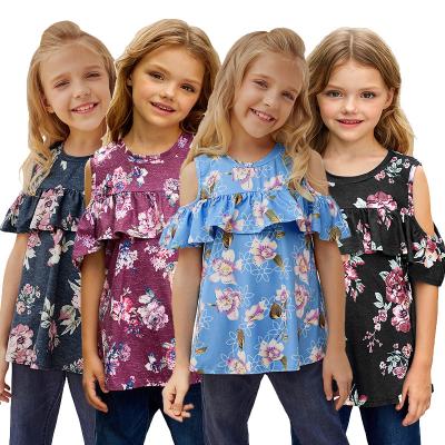 China Floral Painted Short Sleeve Summer Ruffle Sleeveless Fashionable Little Girls Tops for sale