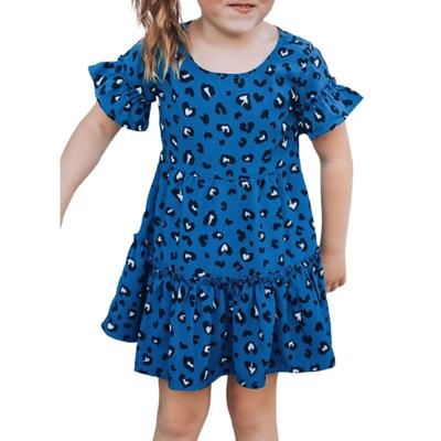 China Breathable Wholesale Casual Short Sleeve Leopard Ruffles Baby Kids Girl For 12 Years Summer Dress for sale