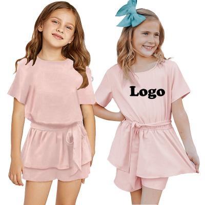 China Back Belted Solid Color Logo Back Belted Short Sleeve Toddler Little Girls Breathable Custom One Piece Overalls for sale