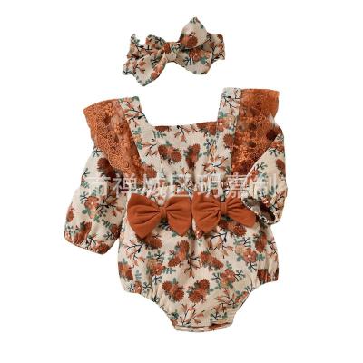 China Fashion Baby 2pcs All Over Floral Print Lace Splicing Long Sleeve Bowknot Corduroy Romper Set for sale