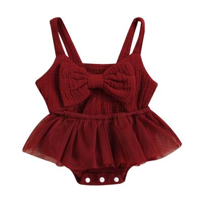 China Fashion Baby Solids Textured Chill Shortsleeve Bowknot Hollow Romper for sale