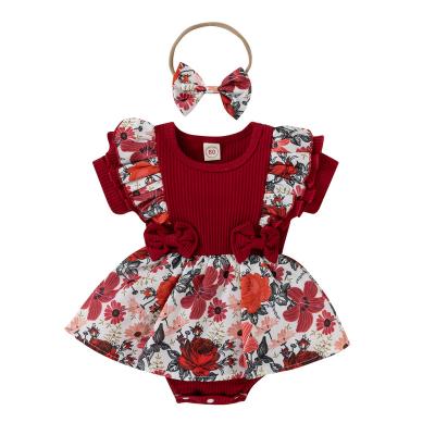 China Fashion Ribbed Floral Print 2pcs Faux-two Design Long Sleeve Pink Baby Romper for sale