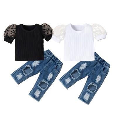 China New fashion design children's clothing girls small and medium stitch stripe polka dot mesh top short sleeve ripped denim shorts suit for sale