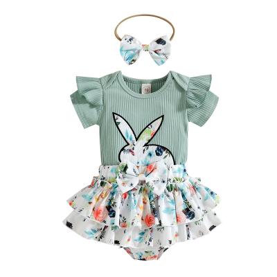 China 2022 new easter clothes rabbit mine breathable band printed romper floral headwear short skirt three-piece children's clothing for sale