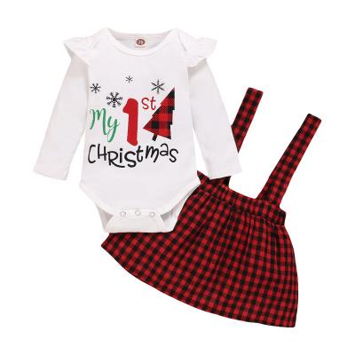 China Spring and Autumn Christmas Baby Girl Clothes 2021 Hot Letter Print Long Sleeve Breathable Top + Plaid Sling Skirt for sale